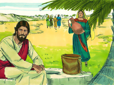 Jezus usiadł przy studni, żeby odpocząć, a Jego uczniowie poszli do miasta po jedzenie. Wtedy do studni przyszła pewna Samarytanka, aby naczerpać wody. – Slajd 3