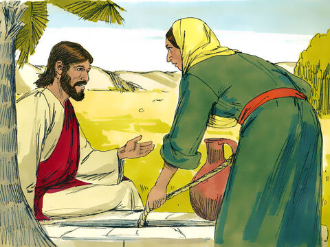 Jezus poprosił ją, aby dała Mu pić, a ona odpowiedziała: „Co się stało, że ty, Żyd, prosisz mnie, Samarytankę, o wodę?”. Wiedziała bowiem, że Żydzi odmawiają jedzenia i picia z tych samych naczyń, co Samarytanie. – Slajd 4