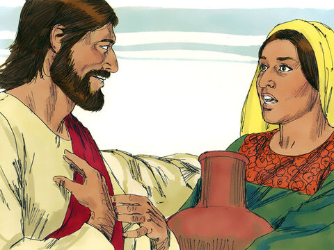 Kobieta na to: „Wiem, że kiedy przyjdzie Mesjasz, wszystko nam wyjaśni”. Jezus na to: „Właśnie z Nim rozmawiasz. To ja jestem Mesjaszem”. – Slajd 11