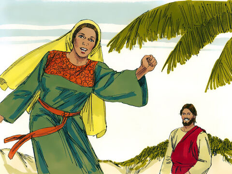W tym momencie przyszli Jego uczniowie. Kobieta natomiast zostawiła swój dzban, pobiegła do miasta i zaczęła rozpowiadać: „Chodźcie, zobaczcie człowieka, który mi powiedział o wszystkim, co zrobiłam w życiu! To musi być Mesjasz!”. – Slajd 12