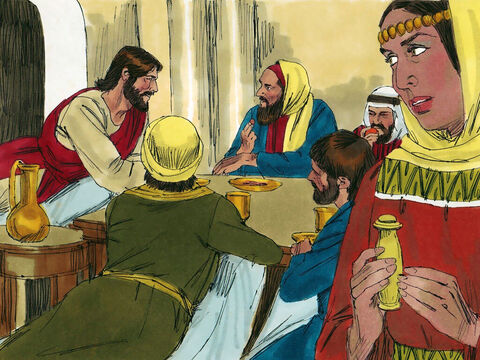 Goście usadowili się przy stole. Pewna kobieta lekkich obyczajów dowiedziała się o miejscu pobytu Jezusa i przyszła tam z flakonikiem drogiego wonnego olejku. – Slajd 2