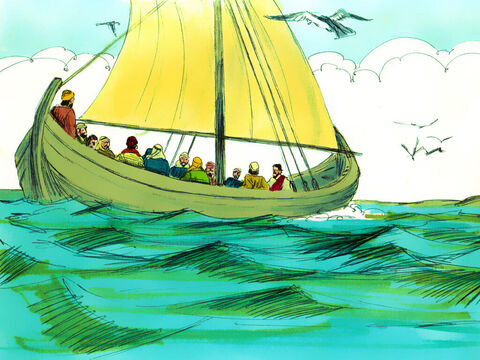 Kiedy wypływali, jezioro było spokojne. Jezus zaś był bardzo zmęczony, dlatego położył się z tyłu łodzi. – Slajd 4