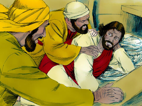 Jezus spał mocno w tyle łodzi. Przerażeni uczniowie potrząsnęli Nim i obudzili Go. „Nauczycielu, nic cię to nie obchodzi, że giniemy?” – zawołali. A on im odpowiedział:  „O, ludzie małej wiary! Dlaczego się boicie?”. – Slajd 7