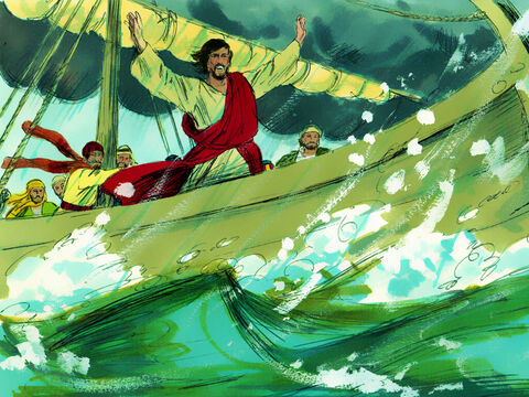 Potem stanął w gwałtownie kołyszącej się łodzi, uciszając wiatr i fale: „Zamilknij! Uspokój się!”. – Slajd 8