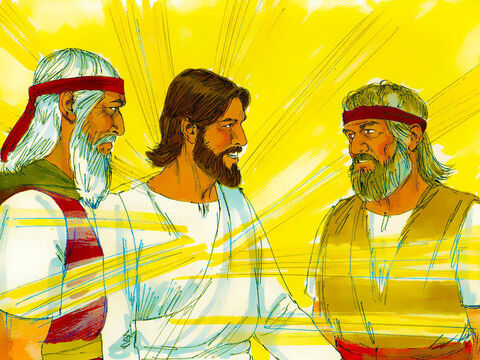 W chwale ukazali się dwaj mężczyźni, Mojżesz i Eliasz i rozmawiali z Jezusem. Mówili o Jego odejściu, które miało nastąpić w Jerozolimie. – Slajd 5