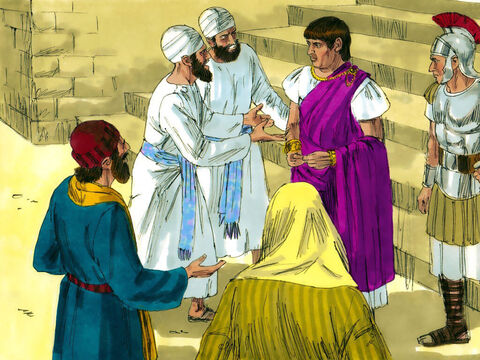 Wczesnym rankiem arcykapłani i przywódcy żydowscy związali Jezusa i zaprowadzili do namiestnika rzymskiego, Piłata. – Slajd 1