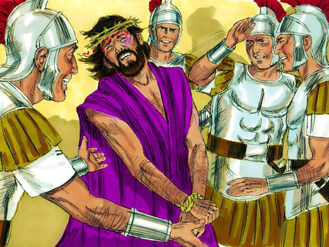 W końcu Herod ze swoimi żołnierzami okazali Jezusowi pogardę. Zaczęli z Niego drwić i dla ośmieszenia ubrali w królewski płaszcz. – Slajd 8