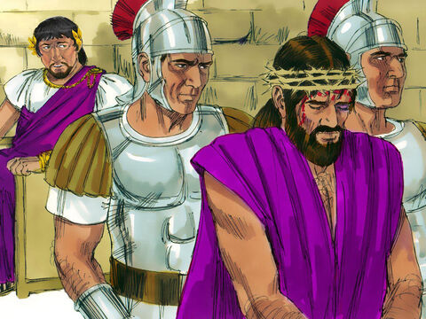 Potem Herod odesłał go do Piłata. W taki to sposób tego dnia Herod i Piłat stali się przyjaciółmi. Wcześniej bowiem byli wrogo do siebie nastawieni. – Slajd 9
