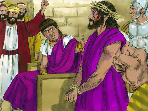 „To co mam zatem zrobić z Jezusem?” – zapytał Piłat.<br/> „Ukrzyżuj Go!” – krzyknęli wszyscy. – Slajd 14