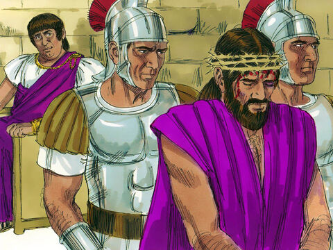 Potem Piłat wypuścił Barabasza, a Jezusa kazał ubiczować i wydał na ukrzyżowanie. – Slajd 16