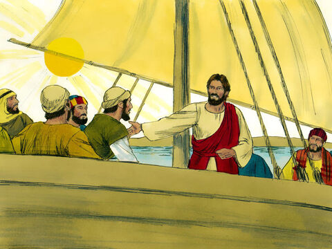 Po uciszeniu burzy Jezus i uczniowie popłynęli dalej, na drugą stronę Jeziora Galilejskiego. – Slajd 1