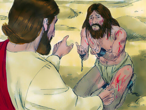 Jezus zapytał go: „Jak masz na imię?”. A ten odpowiedział: „Na imię mi Legion, bo jest nas wielu”. Potem demony zaczęły błagać Jezusa, aby ich nie wypędzał z tego kraju. – Slajd 7
