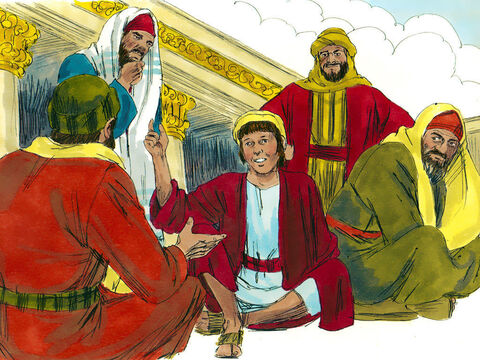 Po intensywnych poszukiwaniach poszli do świątyni i tam Go znaleźli. Siedział w kręgu nauczycieli Prawa, słuchał ich i zadawał pytania. – Slajd 6