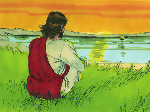 Gdy zapadł zmrok, Jezus zobaczył uczniów na jeziorze w odległości 5–6 kilometrów od brzegu. Wiosłowali i walczyli z falami, ponieważ wiatr był przeciwny. Fale zaś miotały łodzią. – Slajd 3