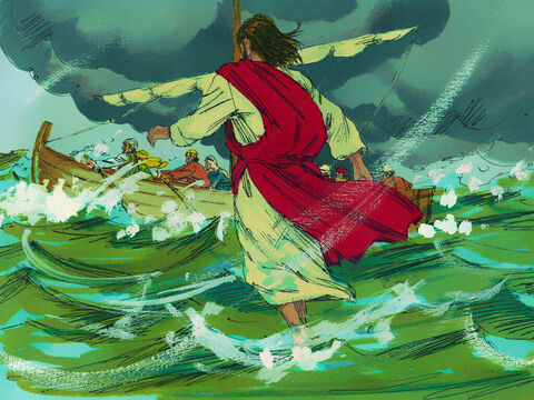 Tuż przed świtem Jezus zakończył modlitwę i udał się najkrótszą drogą do Kafarnaum – przechodząc przez jezioro. – Slajd 4