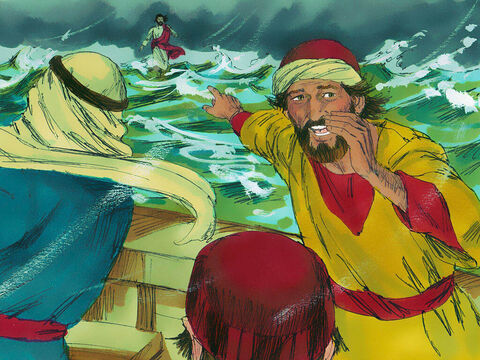 Chciał minąć łódź, w której płynęli uczniowie, ale oni Go zobaczyli i przerażeni zawołali: „To duch!”. – Slajd 5