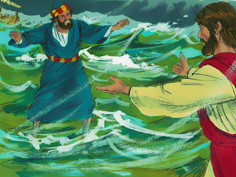 Piotr wyszedł z łodzi i zbliżył się po wodzie do Jezusa, ale kiedy zauważył, że wieje silny wiatr, przeraził się i zaczął tonąć. – Slajd 8