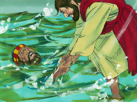 Jezus natychmiast wyciągnął rękę, chwycił go i powiedział: „Człowieku małej wiary! Dlaczego zwątpiłeś?”. Potem pomógł Piotrowi dostać się do łodzi i razem wsiedli. – Slajd 10