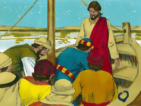 Uczniowie w łodzi pokłonili Mu się i zawołali: „Ty naprawdę jesteś Synem Bożym!”. Kiedy Jezus wsiadł do łodzi, ta natychmiast przybiła do brzegu, do którego zmierzali. – Slajd 11