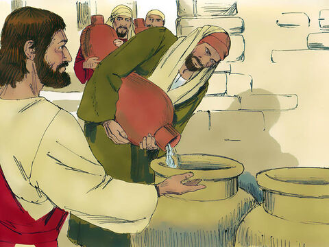 Jezus kazał służącym napełnić te naczynia wodą. A oni napełnili je aż po brzegi. – Slajd 5