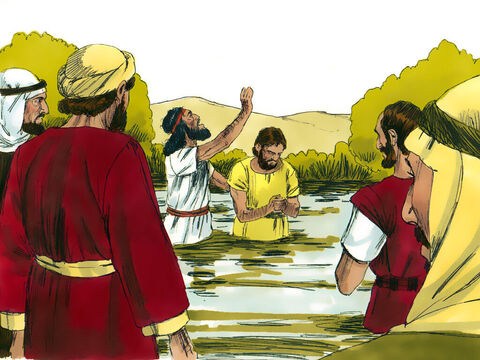 Do Jana na pustynię przychodzili Żydzi z różnych terenów. Wielu wyznawało swoje grzechy i dawało się ochrzcić w rzecze Jordan. – Slajd 3