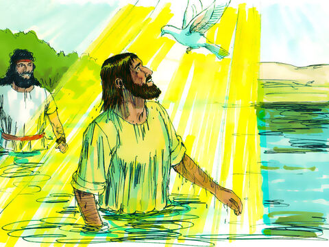 Kiedy Jezus wychodził z wody, otwarło się niebo i zstąpił na Niego Duch Święty w postaci gołębicy. Rozległ się też głos z nieba: „To jest mój ukochany Syn, mój najwspanialszy!”. A Jan złożył potem takie świadectwo: „Bóg, który mnie posłał, abym chrzcił wodą, powiedział: »Gdy zobaczysz Tego, na którego zstępuje Duch i pozostaje na Nim, wiedz, że to jest Ten, który będzie chrzcił Duchem Świętym«. A ja to zobaczyłem i poświadczam, że Jezus jest Synem Bożym”. – Slajd 9