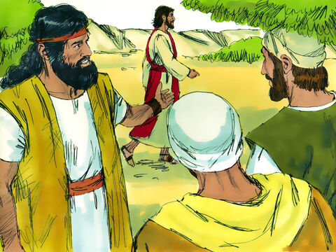 Następnego dnia Jan ze swoimi dwoma uczniami stał w tym samym miejscu. Kiedy zobaczył przechodzącego Jezusa, powiedział: „Oto Baranek Boży!”. – Slajd 10