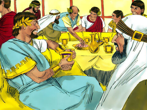 Z okazji swoich urodzin Herod urządził przyjęcie dla dworzan, dowódców wojskowych i dostojników z Galilei. – Slajd 5