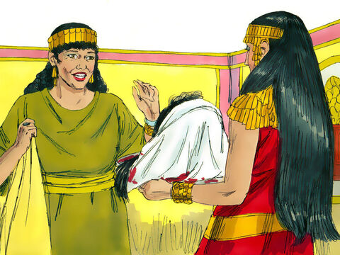 Kat wykonał rozkaz króla i przyniósł na tacy głowę Jana i podał Salome, ona zaś przekazała ją swojej matce. – Slajd 11
