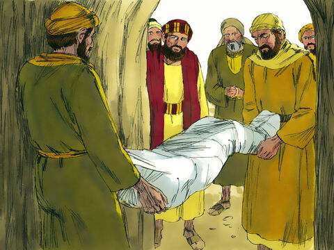Gdy usłyszeli o tym uczniowie Jana, przyszli, wzięli jego ciało i złożyli w grobie. – Slajd 12