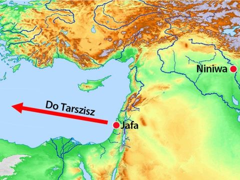 Okręt ten płynął po Morzu Śródziemnym do Tarsziszu, miasta, które znajdowało się daleko, w kierunku przeciwnym do Niniwy.<br/> – Slajd 5