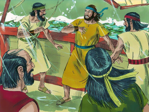 Sztorm jednak coraz bardziej się wzmagał. Ostatecznie Jonasz wyznał marynarzom, że ta burza rozpętała się z jego winy, bo ucieka przed Panem, Bogiem niebios, stworzycielem mórz i lądów. Jonasz nalegał również, by wrzucono go do morza, a sztorm się skończy. – Slajd 7