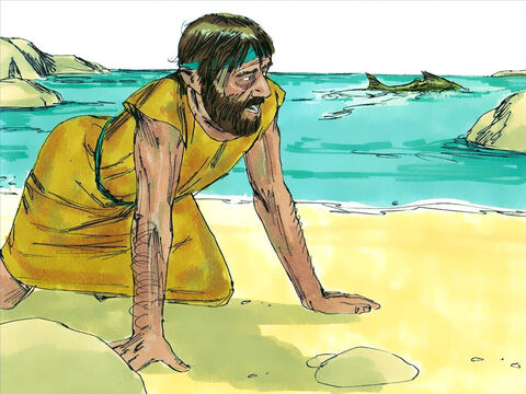 Trzy dni i trzy noce później ryba wypluła Jonasza na ląd. Bóg wybaczył mu jego grzech i zachował go przy życiu.<br/> – Slajd 11
