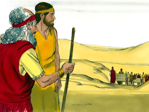 Kiedy Jakub dowiedział się, że w Egipcie można kupić zboże, powiedział do swoich synów: „Udajcie się tam i kupcie dla nas zboża, żebyśmy przeżyli”. Nie puścił jednak z nimi młodszego brata Józefa – Beniamina  – bo bał się, że może mu się stać coś złego. – Slajd 1