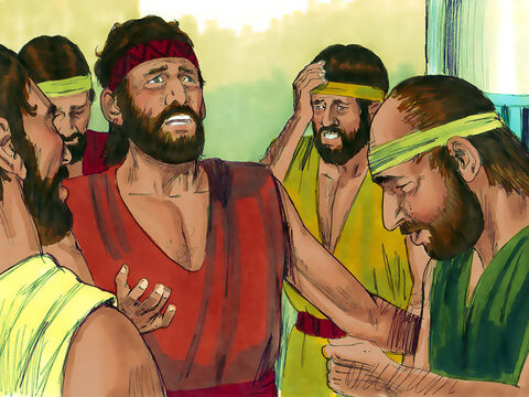 Potem bracia Józefa mówili między sobą: „To kara za to, co zrobiliśmy z naszym bratem. Widzieliśmy jego cierpienie, gdy nas błagał o łaskę, ale go nie słuchaliśmy. Teraz nas spotkało to samo”. – Slajd 7