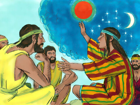 Później Józef miał inny sen i znów opowiedział go swoim braciom: „Posłuchajcie, tym razem śniło mi się, że słońce, księżyc i jedenaście gwiazd kłaniało mi się”. – Slajd 5
