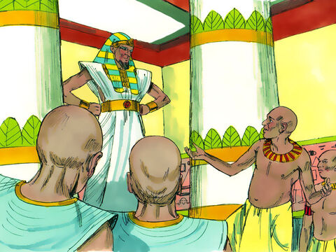 Faraon był bardzo zaniepokojony z powodu tych snów, dlatego rano wezwał wszystkich wróżbitów oraz mędrców egipskich. Kiedy opowiedział, co mu się śniło, nikt nie był w stanie wytłumaczyć mu jego dziwnych snów. – Slajd 2