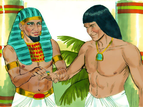 Potem faraon zdjął sygnet ze swojej ręki i włożył go na rękę Józefa. Kazał go też ubrać w szaty z delikatnego płótna i zawiesił złoty łańcuch na jego szyi. – Slajd 12