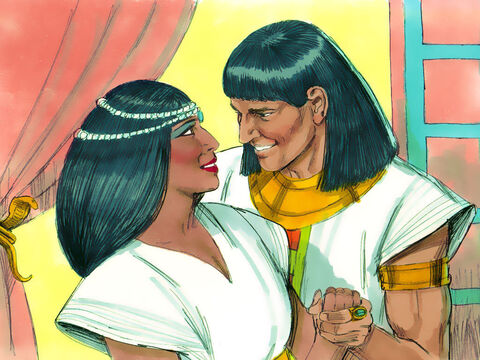 Józef miał teraz 30 lat. Faraon nadał mu nowe egipskie imię: Safnat Paneach. Dał mu też żonę, która miała na imię Asenat. W ten sposób Józef stał się zarządcą całego Egiptu. – Slajd 14