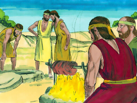 Kiedy zasiedli do posiłku, zobaczyli karawanę. To Izmaelici podróżowali z Gileadu do Egiptu. Ich wielbłądy obładowane były wonnościami, balsamem i mirrą. – Slajd 12