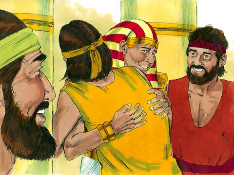 Potem Józef rzucił się na szyję Beniaminowi i płakał. Następnie ucałował każdego brata, obejmował ich i płakał. Potem długo ze sobą rozmawiali. – Slajd 17