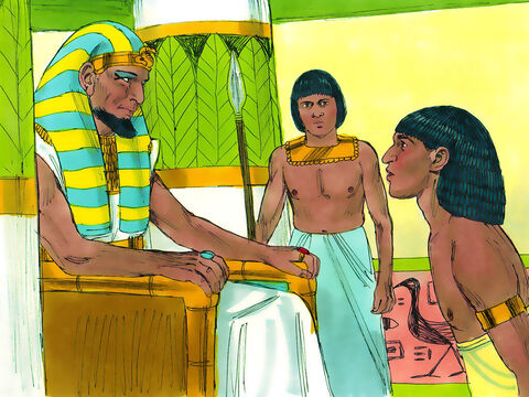 A kiedy faraon się o tym dowiedział, powiedział do Józefa: „Powiedz swoim braciom, że ja tak mówię: »Ruszajcie natychmiast z powrotem do Kanaanu. Zabierzcie stamtąd waszego ojca z całą rodziną i przyjdźcie do mnie. Oddam wam najlepsze pola w Egipcie. Będziecie korzystali z najlepszych owoców tego kraju. Zabierzcie z Egiptu wozy i sprowadźcie tutaj całą waszą rodzinę«”! – Slajd 18