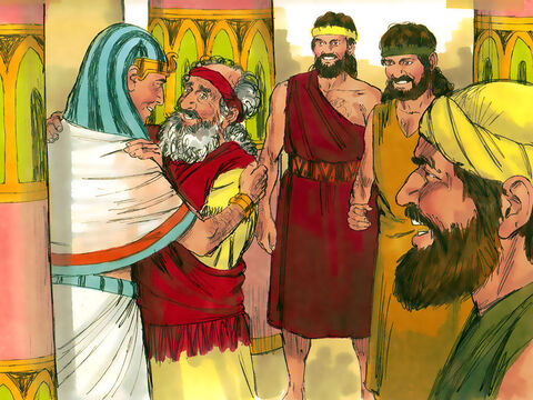 Józef udał się do ziemi Goszen, by spotkać się z ojcem. Gdy go zobaczył, rzucił mu się w objęcia i długo płakał. – Slajd 21