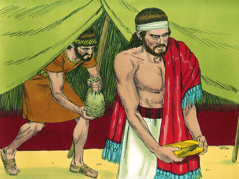 Jozue wysłał posłańców, a ci pobiegli do namiotu i znaleźli wszystkie ukradzione rzeczy zakopane w ziemi. Zabrali je z namiotu i złożyli przed Panem. – Slajd 13