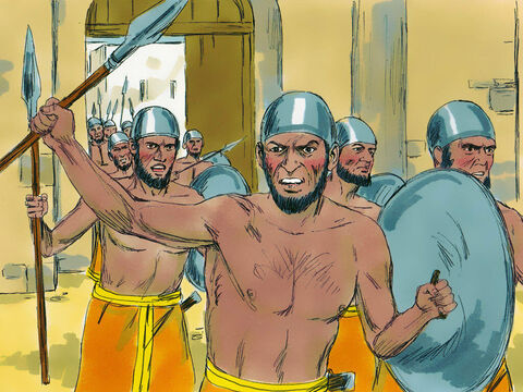 Kiedy król Aj zobaczył Izraelitów, poderwał wszystkich swoich wojowników wczesnym rankiem i wyruszył z nimi do walki. Nie wiedział jednak, że za miastem urządzono zasadzkę. – Slajd 5