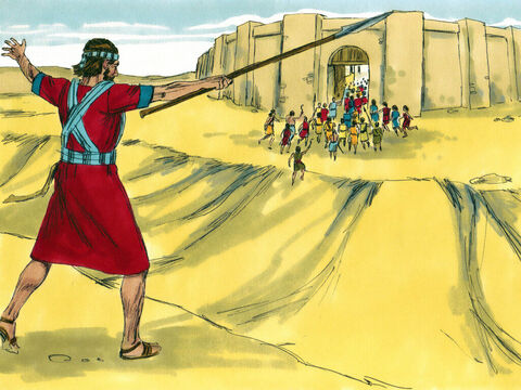 Wtedy Pan powiedział do Jozuego: „Podnieś swój oszczep i skieruj go w stronę miasta Aj, ponieważ wydaję je w twoje ręce”. Jozue zrobił tak, jak mu nakazał Pan. – Slajd 8