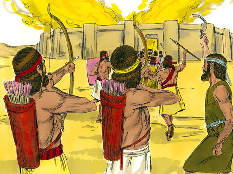 Wtedy ukryci Izraelici wypadli z zasadzki, pobiegli do miasta, zajęli je i podpalili. – Slajd 9