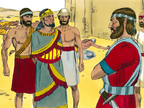 Jozue trzymał swój oszczep uniesiony do góry, dopóki walka nie została zakończona. Nie przeżył nikt z mieszkańców Aj. Nawet króla pozbawiono życia, a jego ciało przykryto stosem kamieni. – Slajd 11