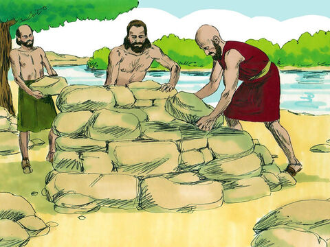 Wszyscy wojownicy z tych trzech plemion udali się do swojej ziemi. Przed przekroczeniem rzeki Jordan wybudowali tam wielki ołtarz dla Pana. – Slajd 12