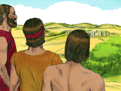 Trzy dni później Izraelici odkryli, że ludzie ci mieszkają w ich pobliżu. Wyruszyli więc w drogę i trzeciego dnia przybyli do ich miast.<br/> – Slajd 9